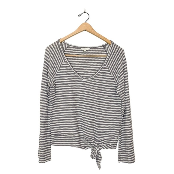 Lucky Brand Waffle Knit Grey Stripe Tie Front Sweater Small S‎ - Picture 1 of 9